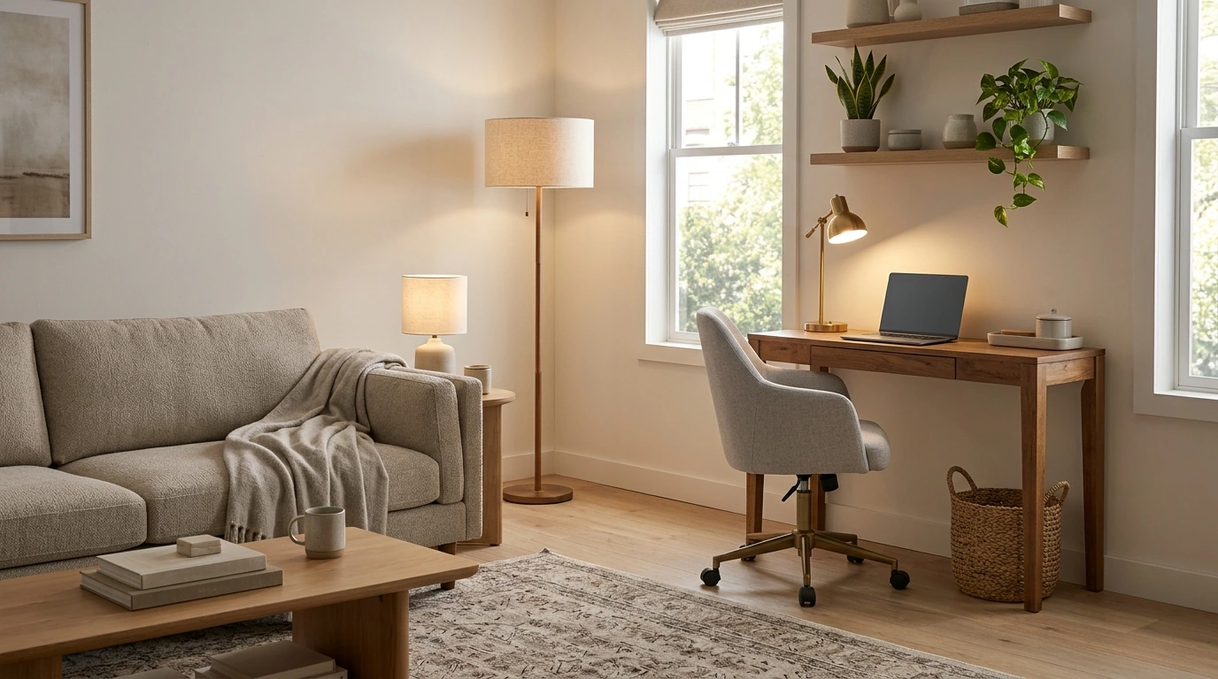 Living Room + Home Office: Layout, Storage & Style Tips