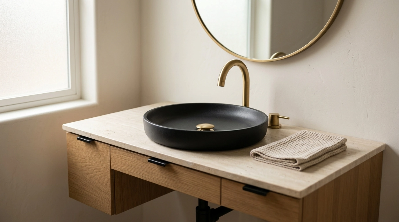 Modern Matte Black Resin Sink Set + Brass Faucet