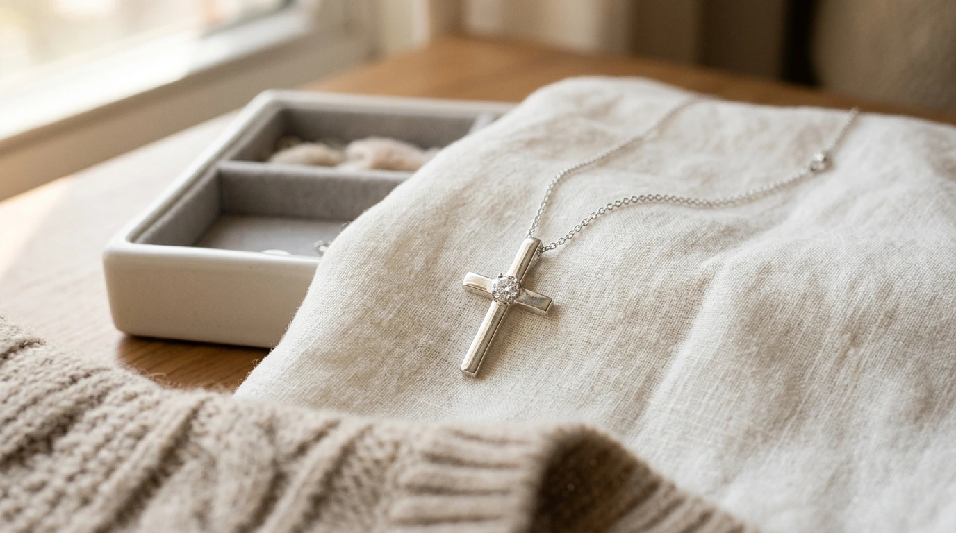 Sterling Silver Cross Pendant Necklace with Moissanite