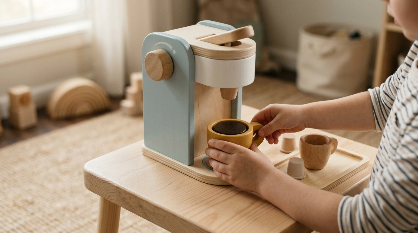 Wooden Pretend Coffee Machine for Toddler Café Play