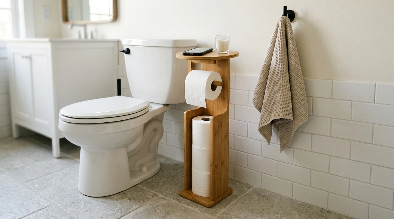 Bamboo 4-in-1 Toilet Paper Stand: Storage + Shelf