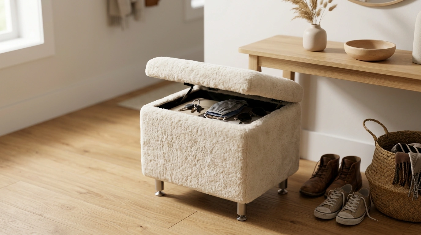 Faux Fur Storage Stool: Padded Seat & Leveling Legs