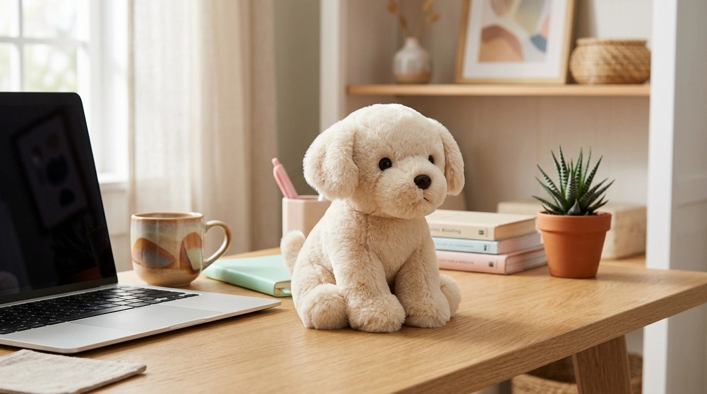 Fluffy Sitting Puppy Plush: Kawaii Desk & Shelf Buddy