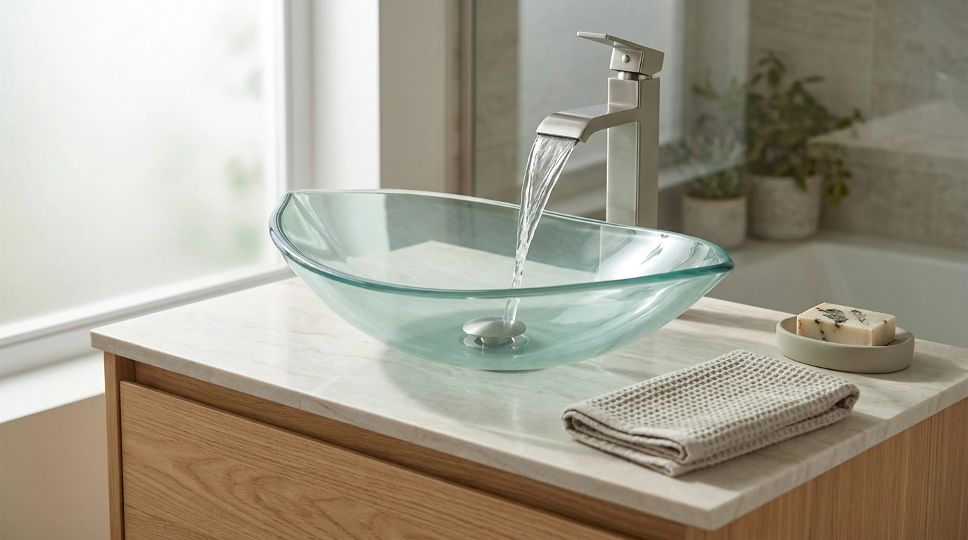 Leaf Glass Vessel Sink Set: Waterfall Faucet + Drain