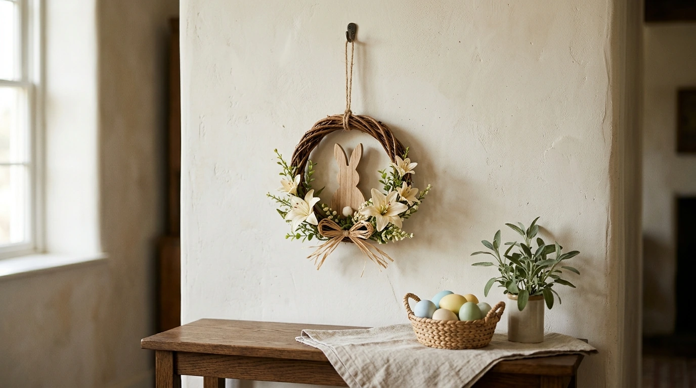 Small Rustic Easter Bunny Wreath with Lilies (7.87")