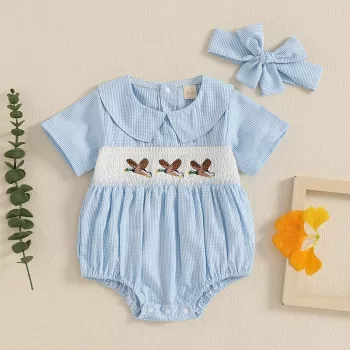 Duck Embroidery Baby Girl Romper + Doll Collar Set